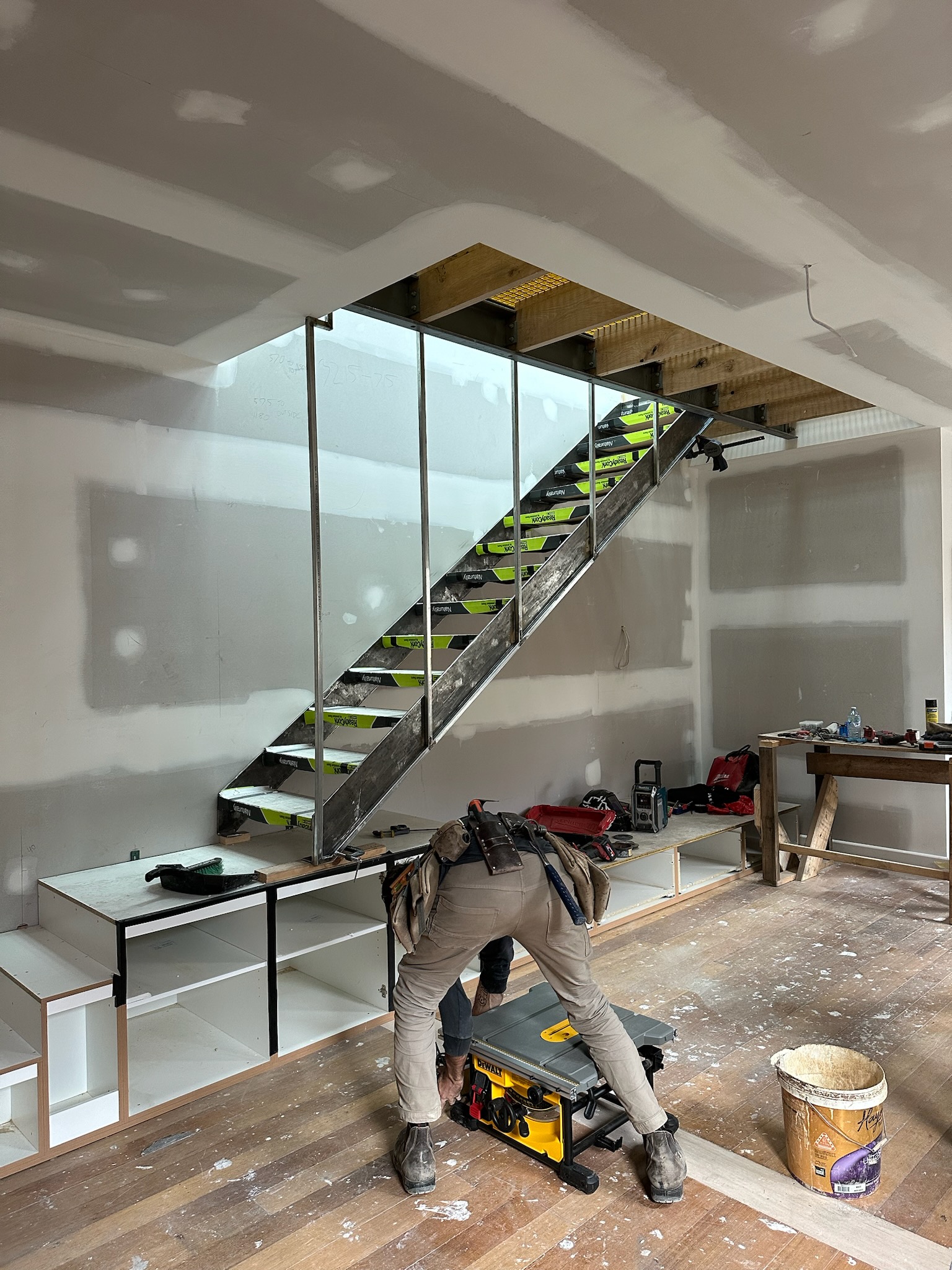 Steel stair stringers installed in a home under construction